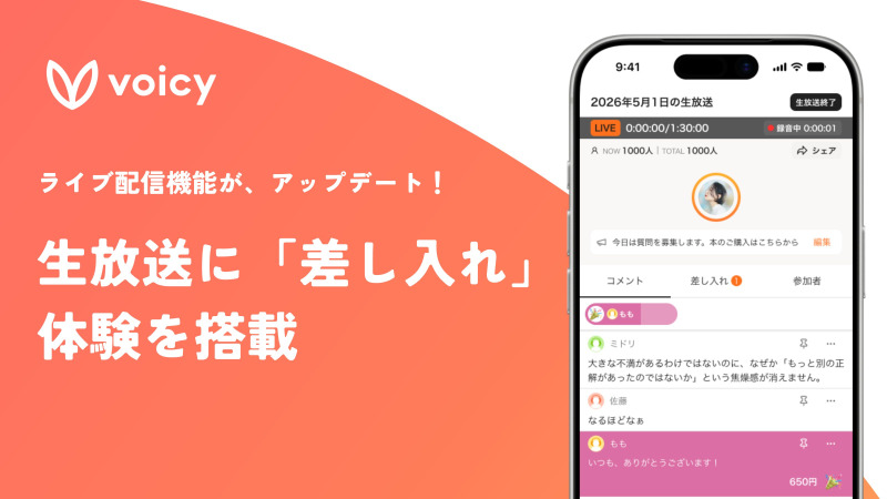 Voicy、ライブ配信に「差し入れ」体験を搭載 話すことがそのまま収益になる仕組みへ